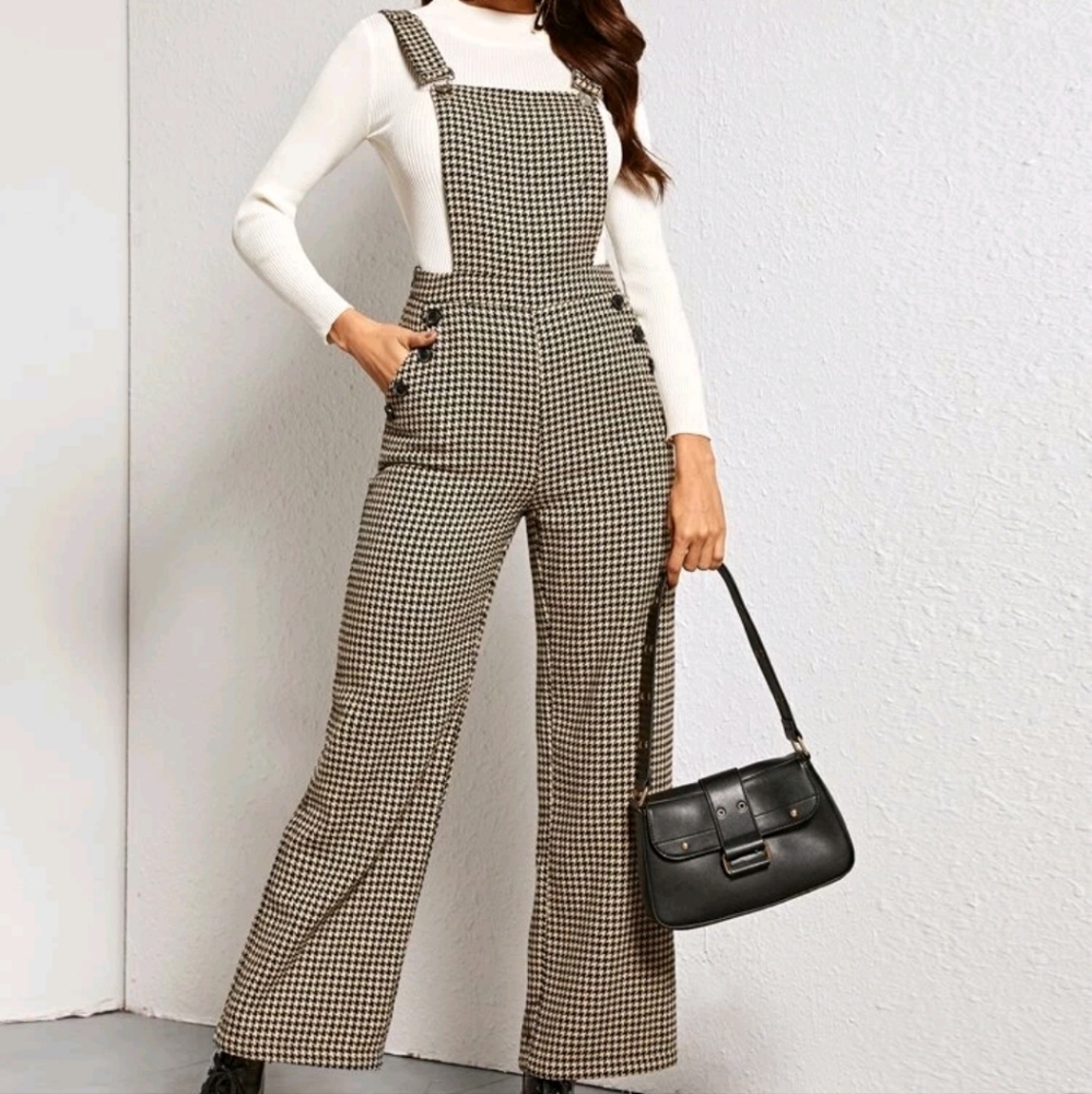 Button slant pocket houndstooth overall jumpsuit